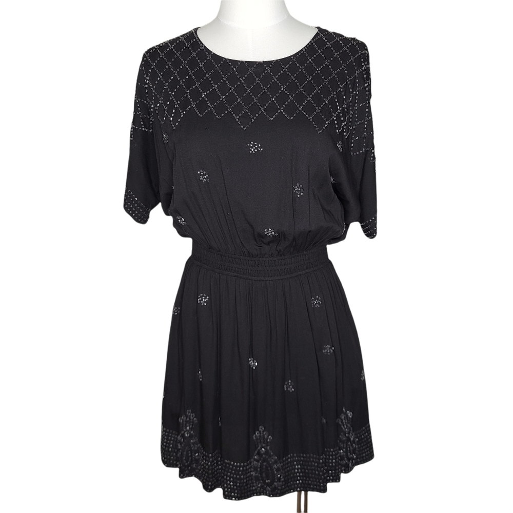 Anthro Boundary & Co. Beaded Boho Mini Dress Black XS